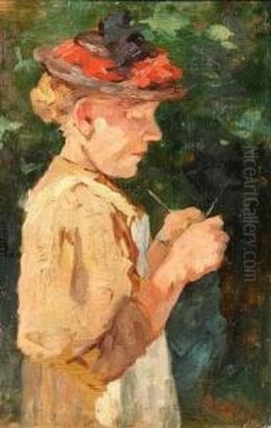 Portrait Of Woman Knitting Oil Painting by Thomas Ludwig Herbst