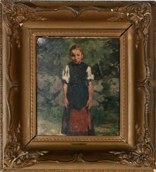 A Young Country Girl. Signed Herbst. Oil On Board. 29 X 24 Cm Oil Painting by Thomas Ludwig Herbst