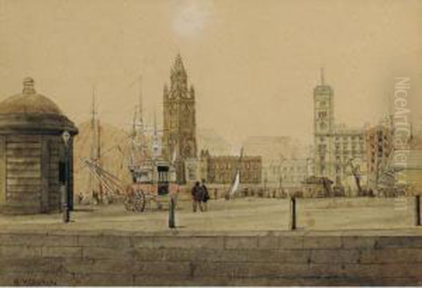 A Group Of Watercolours Of 
Liverpool, Including Hanover Street, James Street, Thithebarn Street, 
Whitechapel And Charl Street, George Dock, School Lane Showing Church 
Lane And Cumberland Street Oil Painting by William Gawin Herdman