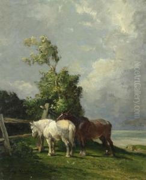 Zwei Pferde Auf Der Weide. Oil Painting by Jules Hereau