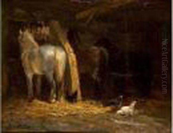 Chevaux A L'ecurie. Oil Painting by Jules Hereau