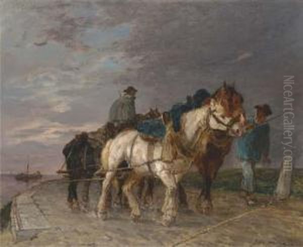 Pulling A Barge At The End Of The Day Oil Painting by Jules Hereau