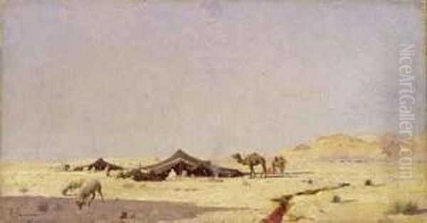 Beduinen In Zelten Mit Kamel Und Schafen Oil Painting by Abraham Hermanjat