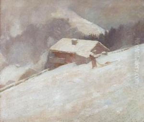 Winterliche Landschaft Mit Bauernhaus Und Frau. Oil Painting by Abraham Hermanjat