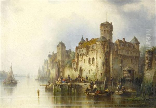 View Of A Castle By A River Oil Painting by Ludwig Herrmann