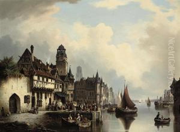 A Bustling Quayside Oil Painting by Ludwig Herrmann