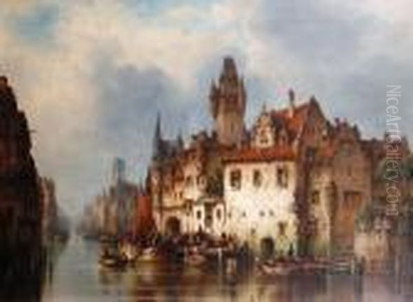 A Continental Canal Scene Oil Painting by Ludwig Herrmann