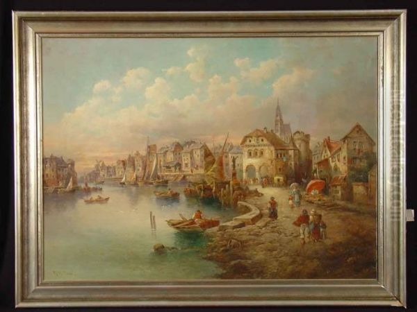 Reges Treiben In Hollandischer Hafenstadt Oil Painting by Ludwig Herrmann