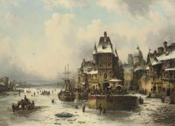 A Winter Quay Oil Painting by Ludwig Herrmann