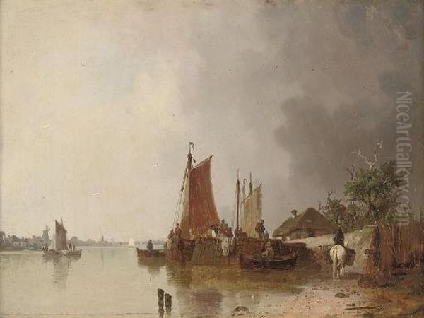 Unloading Cargo At The Quay Oil Painting by Ludwig Herrmann