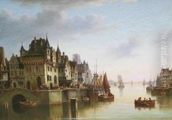 Mittelalterliche Hafenstadt Mit Segelschiffen Am Kai Oil Painting by Ludwig Herrmann