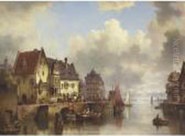 Ships In Harbor Oil Painting by Ludwig Herrmann