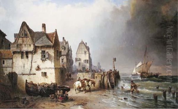 Activities In A Fishing-village Oil Painting by Ludwig Herrmann