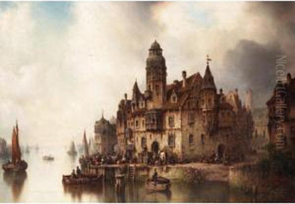 View Of A Riverside Town Oil Painting by Ludwig Herrmann