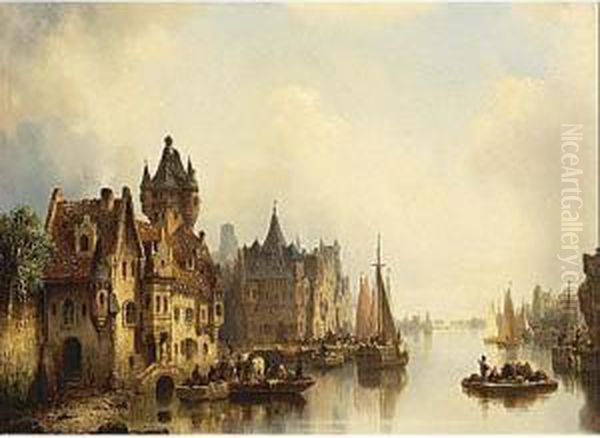 A Town On The Waterfront Oil Painting by Ludwig Herrmann