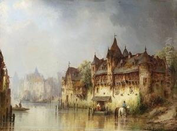 Mittelalterliche Hauser Am
 Fluss. Oil Painting by Ludwig Herrmann