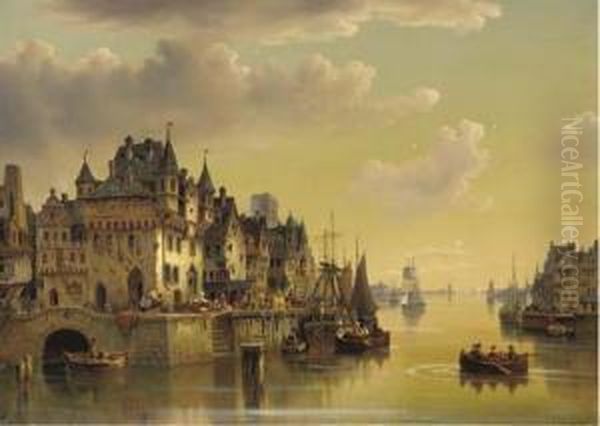 A Fantasy Town At Dusk Oil Painting by Ludwig Herrmann