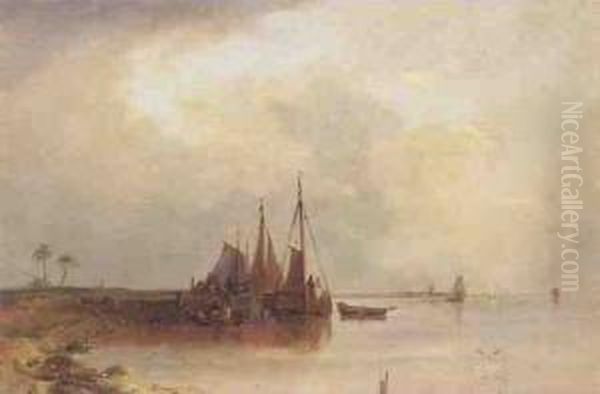 Jetty On The River Oil Painting by Ludwig Herrmann