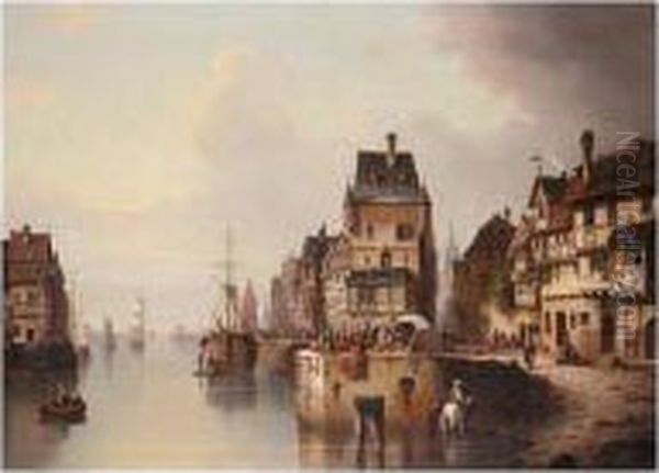 Busy Quay Side, Antwerp Oil Painting by Ludwig Herrmann