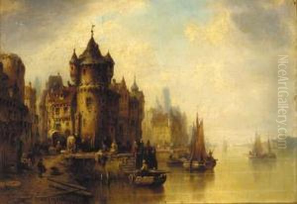 A Town On A River Oil Painting by Ludwig Herrmann