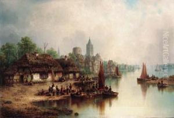 A Bustling Harbour Town Oil Painting by Ludwig Herrmann