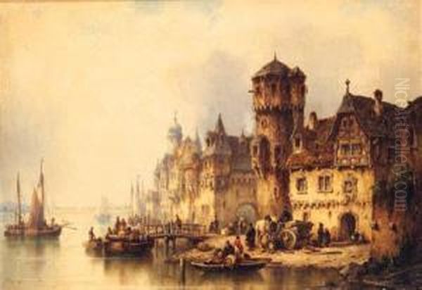 Figures On A Quay; And A Busy Port Oil Painting by Ludwig Herrmann