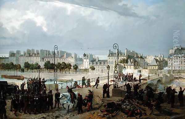 An Attack on a Barricade on the Pont de l'Archeveche, 184 Oil Painting by Philippe Marie Chaperon