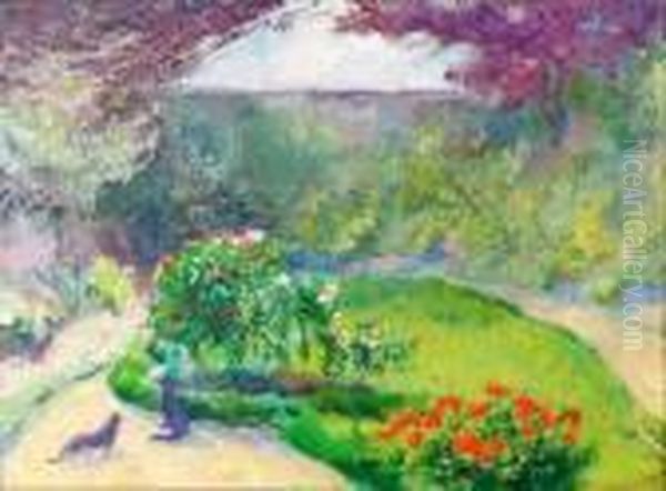 Cats In A Summer Garden Oil Painting by Charles Hermans