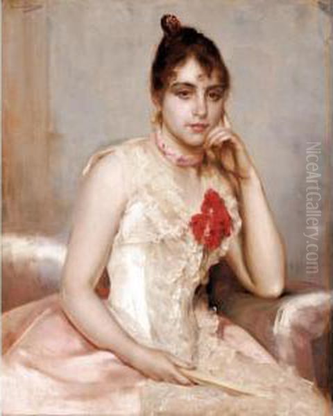 Young Girl In A Pink Dress Oil Painting by Charles Hermans