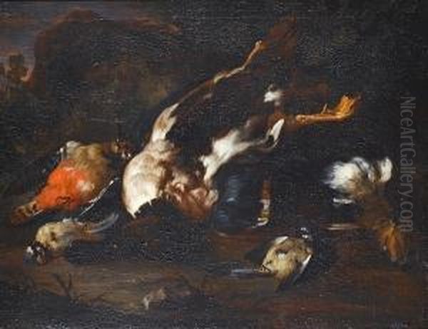 A Dead Mallard, Blue-tits, A Hooper, And A Woodpecker In A Landscape Oil Painting by Johannes Hermans