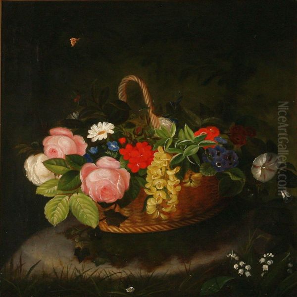 Flowers In A Basket Oil Painting by Olaf August Hermansen