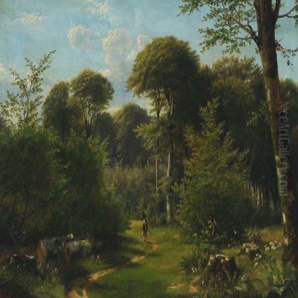 Forest Scenery With Boy On Adventure Oil Painting by Olaf August Hermansen