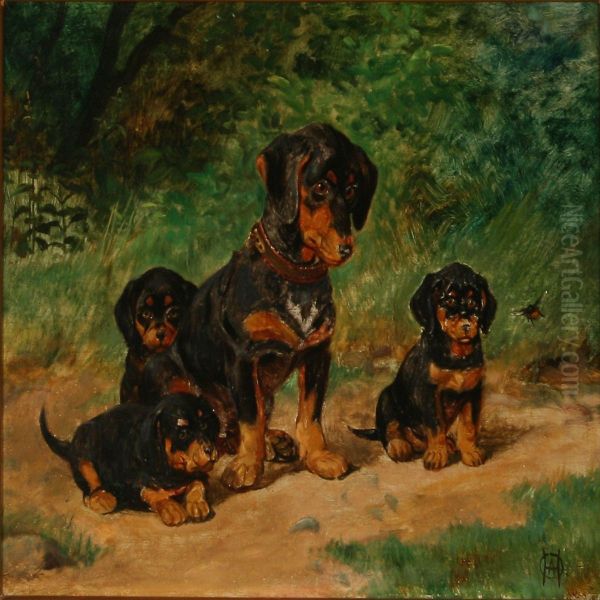 Four Dachshunds Watching A Bumble Bee Oil Painting by Olaf August Hermansen