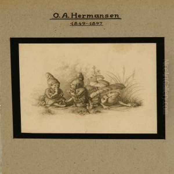 Three Scenes With Elfs, Animals And A Battle Scene Oil Painting by Olaf August Hermansen