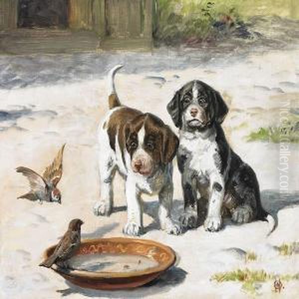 To Hundehvalpebetragteret Par Graspurve Ved Madskalen Oil Painting by Olaf August Hermansen