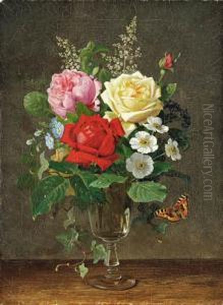 A Vase Of Roses With A Butterfly
Oil On Canvas Oil Painting by Olaf August Hermansen