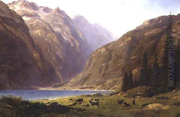 A Mountainous Landscape with Cattle Oil Painting by Alfred Chavannes