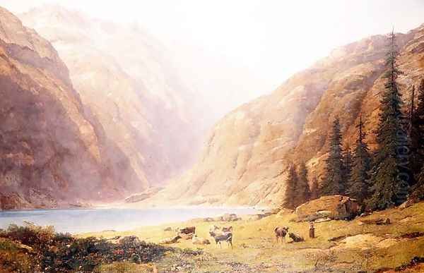 A mountainous lake landscape with cattle Oil Painting by Alfred Chavannes