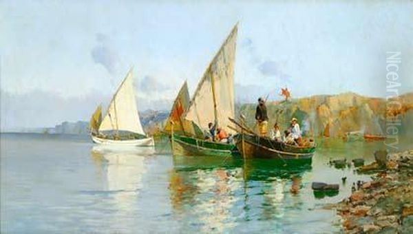 Barcas Y Pescadores Frente A La Costa. Oil Painting by Francisco Hernandez Monjo