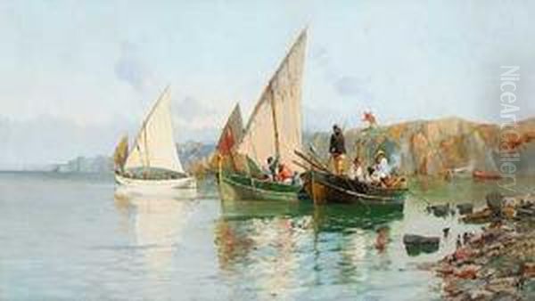 Fischerboote Ankernd Vor Der Kuste Oil Painting by Francisco Hernandez Monjo