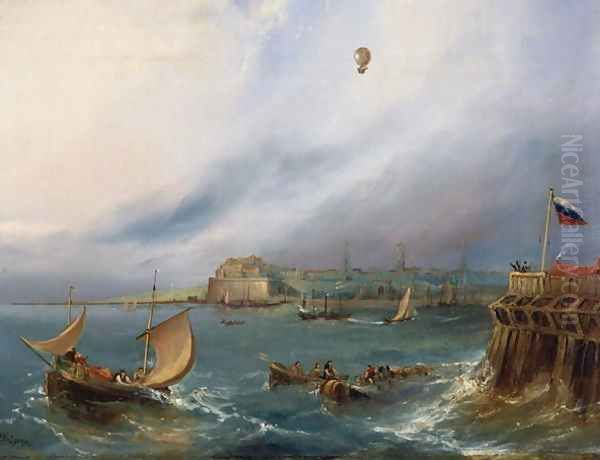 The First Balloon Crossing of the English Channel, 7th January 1785, c.1840 Oil Painting by E.W. Cocks