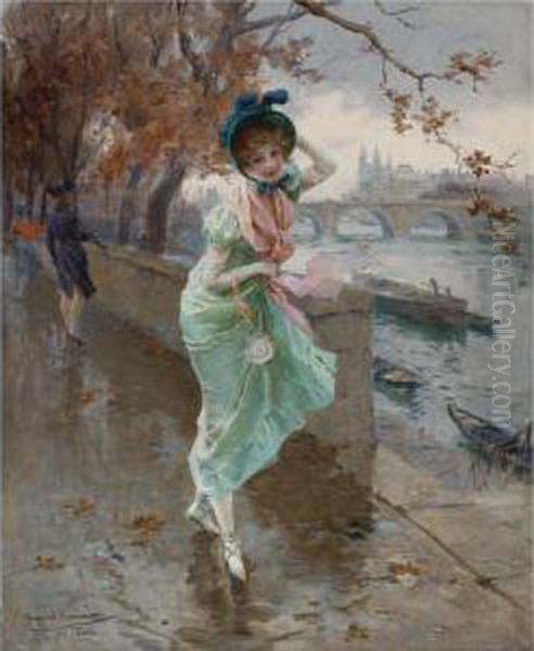 Elegant Lady On The Quay Of Paris Oil Painting by Daniel Hernandez Morillo