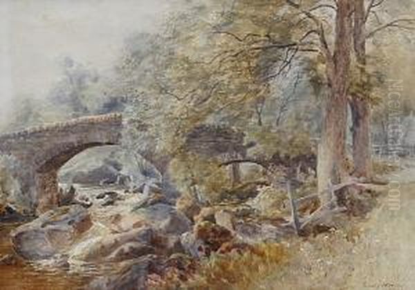 Felsiger Bachlauf Mit Steinbrucke Oil Painting by James Heron