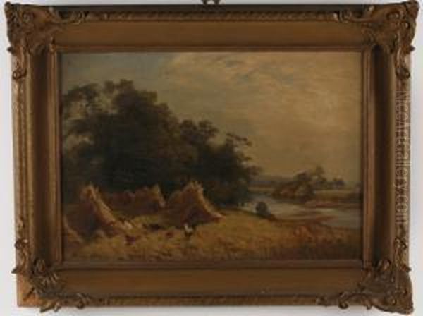 Landscape With Chickens And Hay Winnows Oil Painting by James Heron