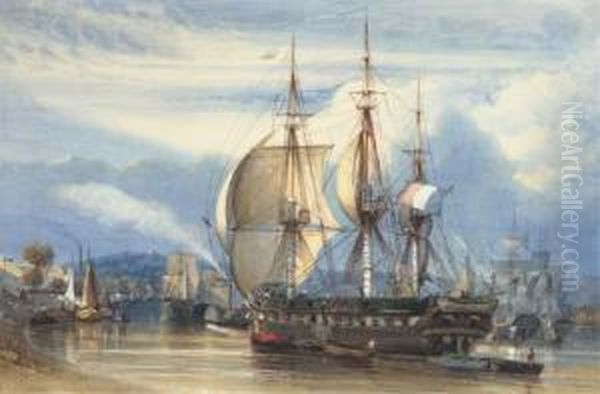 The French Merchant Frigate Chile Preparing To Set Sail Oil Painting by Antoine-Desire Heroult