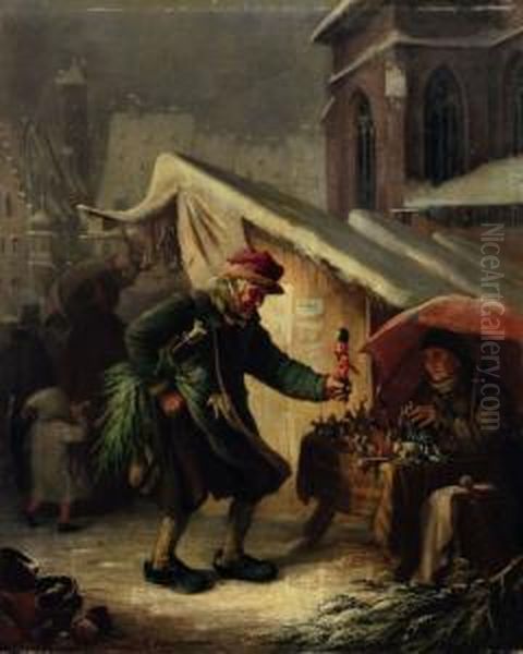 Hohnbaum, Weihnachtsmarkt. Mid 19th Cent Oil Painting by Franz Carl Herpel