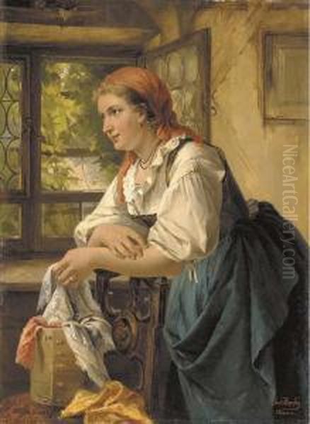 A Peasant Girl By A Window Oil Painting by Carl Herpfer