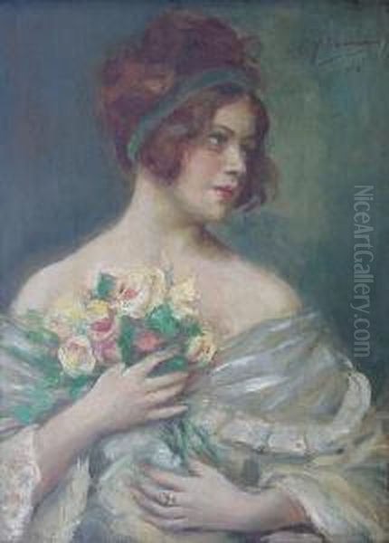 Dama Con Flores Oil Painting by Carlos Maria Herrera