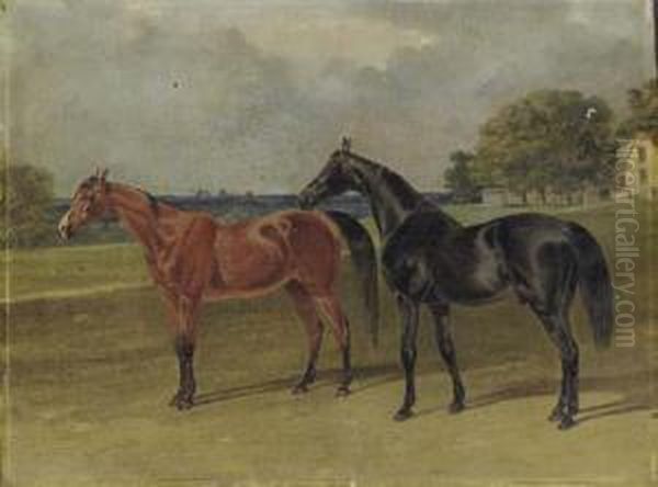 A Bay And A Black Hunter In An Extensive Landscape, Figuresbeyond Oil Painting by Benjamin Herring, Jnr.