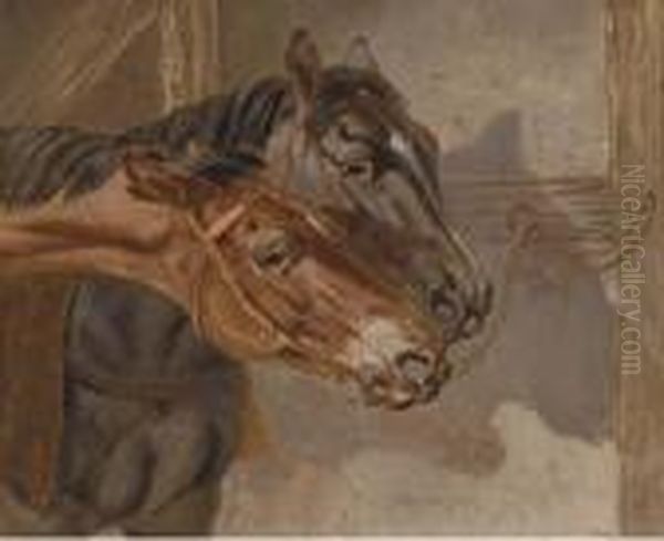 Horses Tethered In A Stable Oil Painting by Benjamin Herring, Jnr.